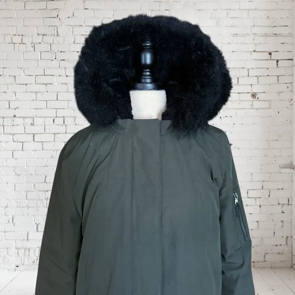 Bass Parka Puffer Jacket Sz XL Womens Olive Down‎ Quilted Black Faux Fur Hood